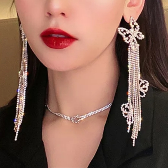 Long butterfly rhinestone earrings Bling Formal Party Jewelry Sexy Sparkle Prom - Picture 4 of 4